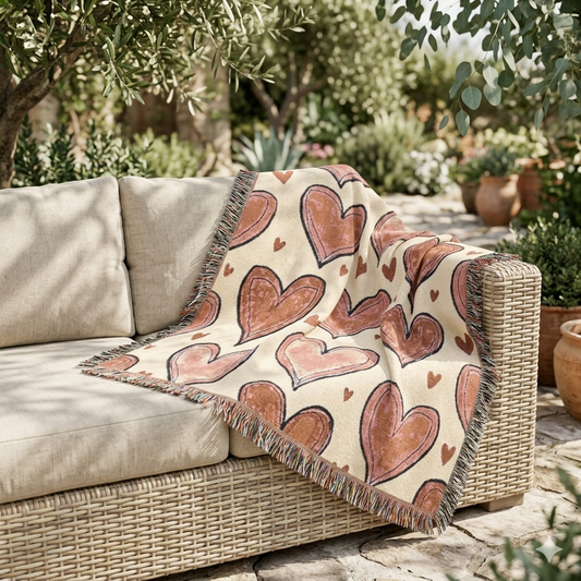 Jeté de lit tissé — Motif cœur dessiné à la main, Décoration douillette pour la Saint-Valentin