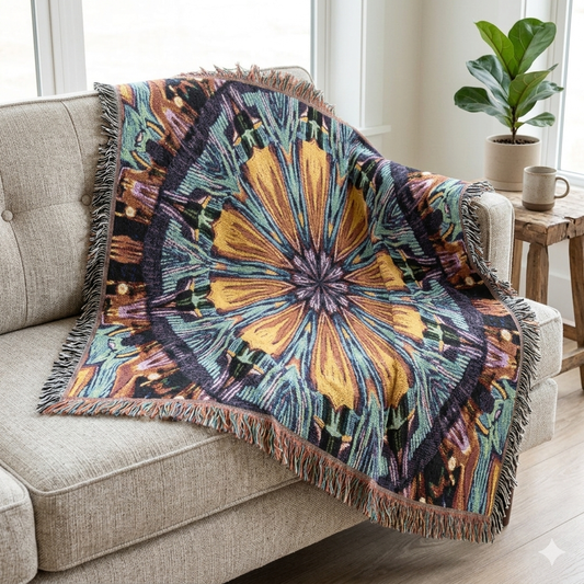 Couverture tissée Mandala Kaléidoscope — Jeté décoratif bohème pour salon et cadeau