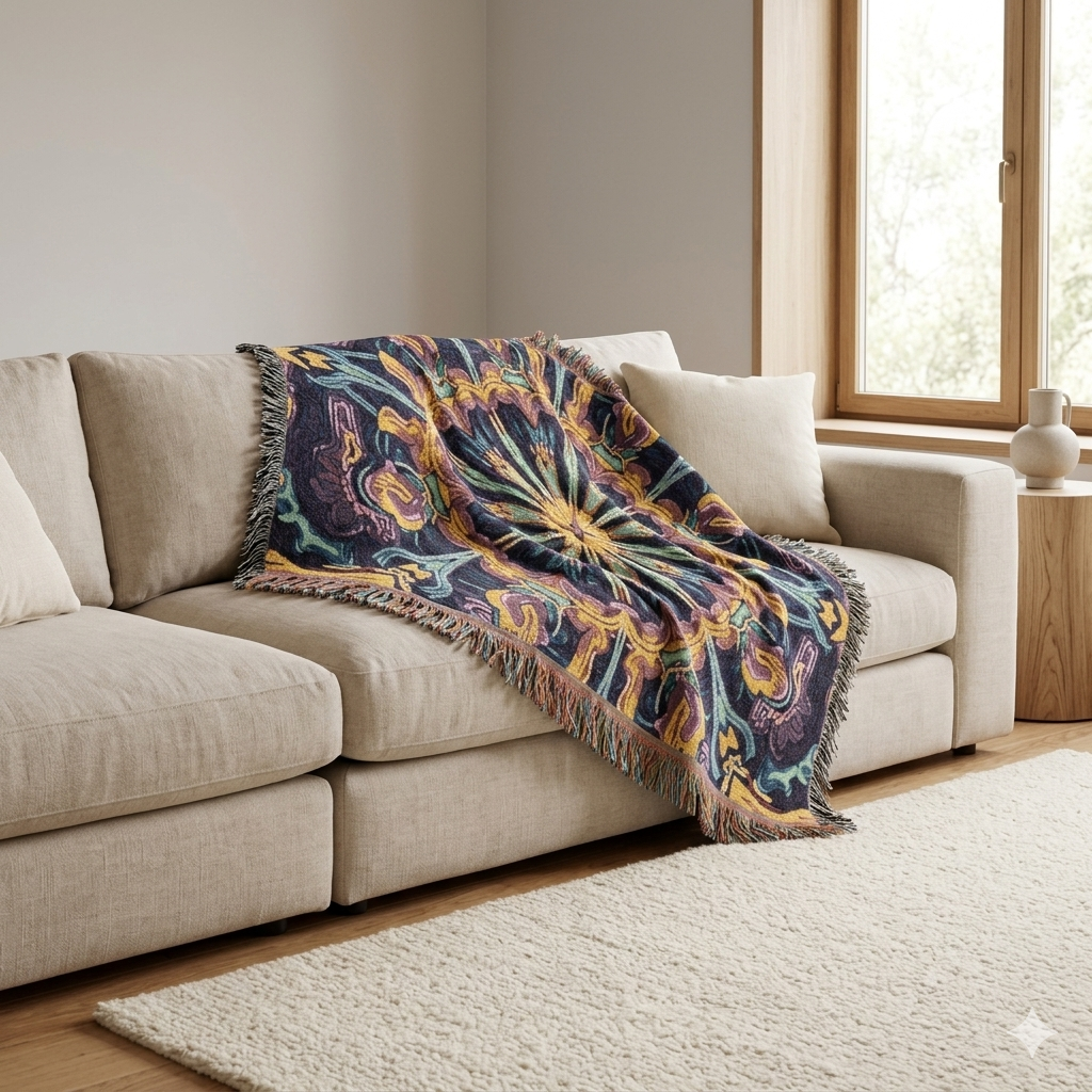 Bohemian Mosaic Woven Blanket — Vintage Tile Medallion Throw