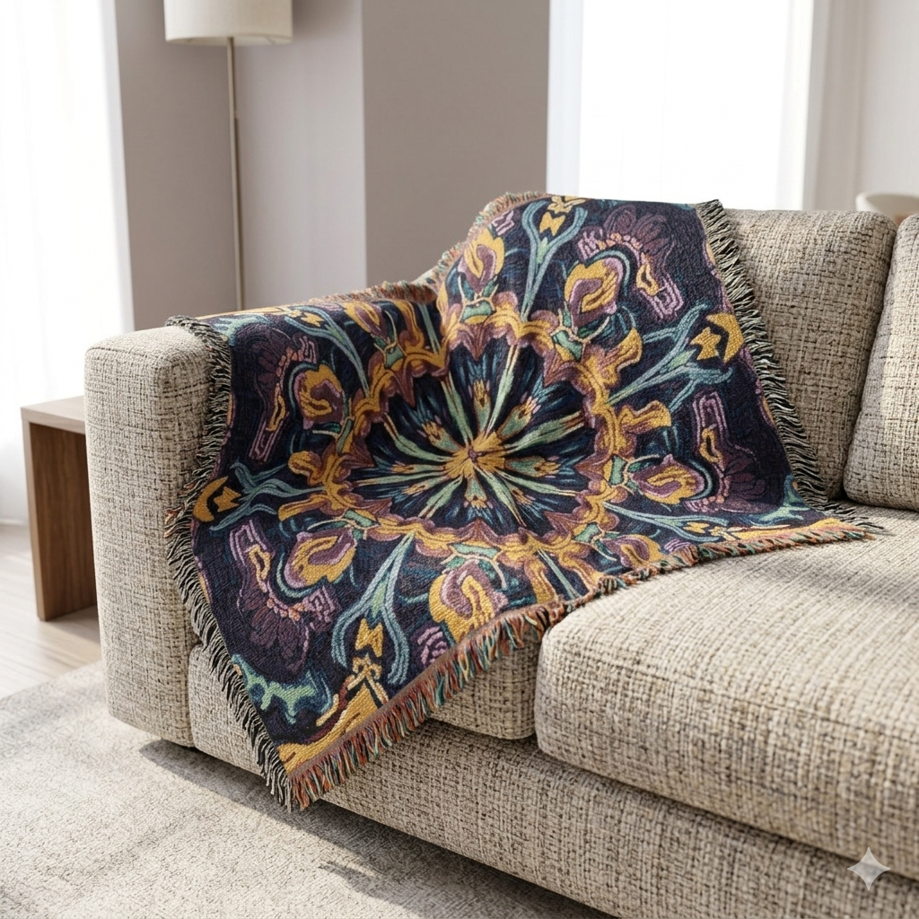 Bohemian Mosaic Woven Blanket — Vintage Tile Medallion Throw