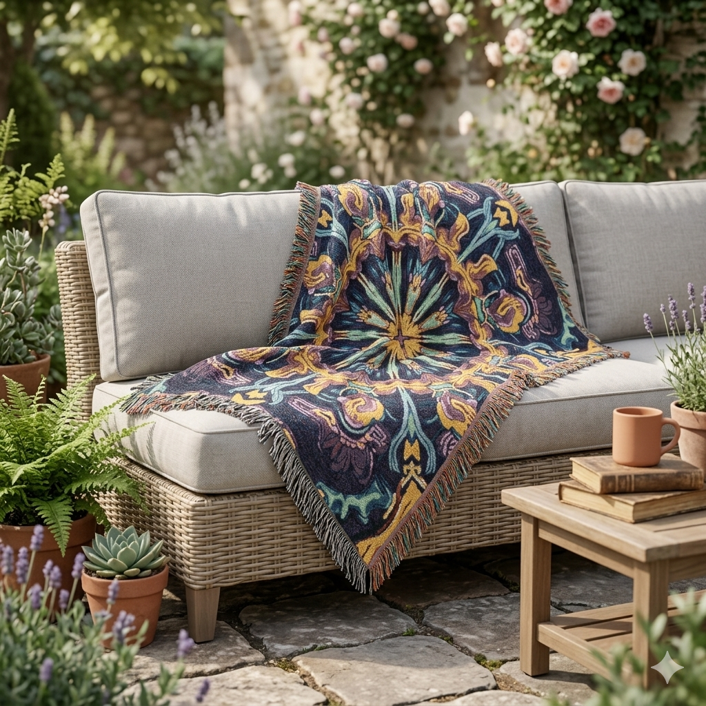 Bohemian Mosaic Woven Blanket — Vintage Tile Medallion Throw