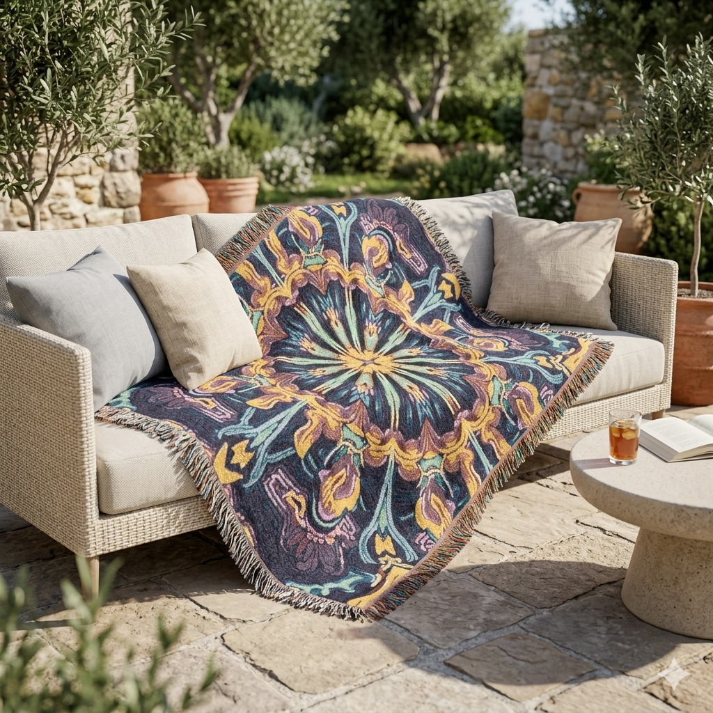 Bohemian Mosaic Woven Blanket — Vintage Tile Medallion Throw
