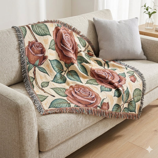 Couverture en tissu jacquard rose — Jeté de lit ou de canapé fleuri style vintage