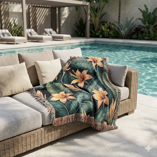Couverture tissée lys tropical — Plaid fleuri pour salon et patio