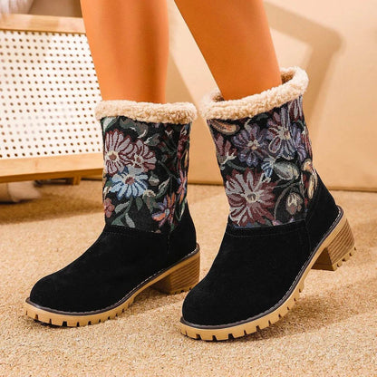 Bottes de neige brodées de fleurs, style ethnique, plateforme, talon carré épais, mi-mollet, bottes d'hiver chaudes en coton pour femmes