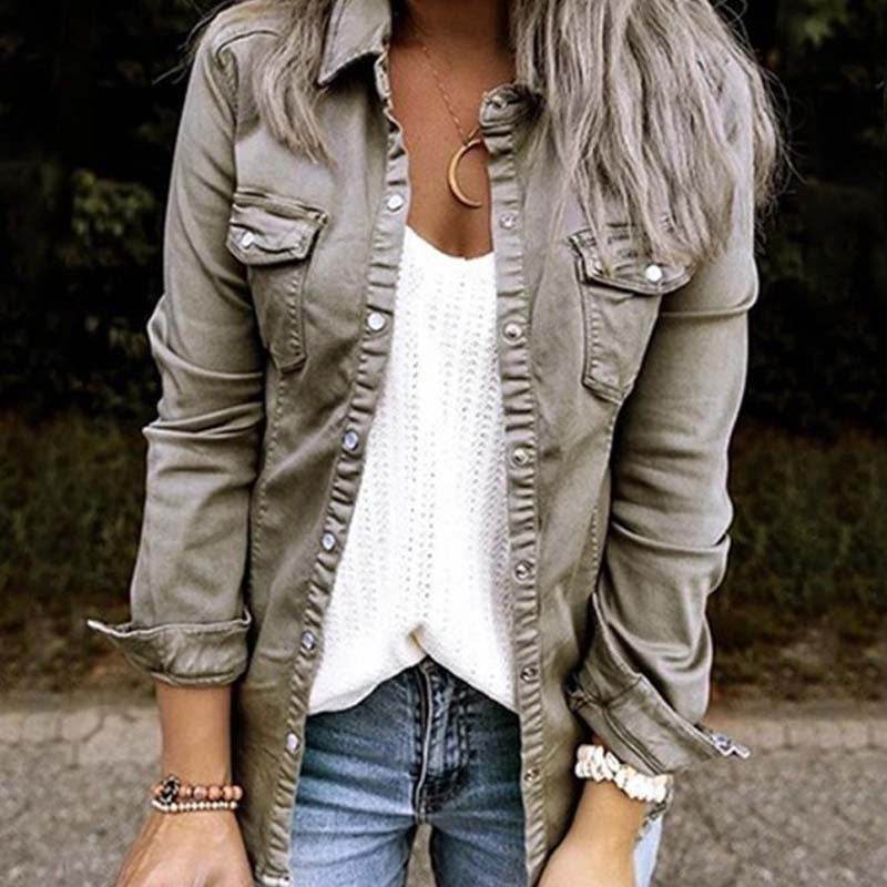 Fitted Denim Jacket Mid Length European American Style