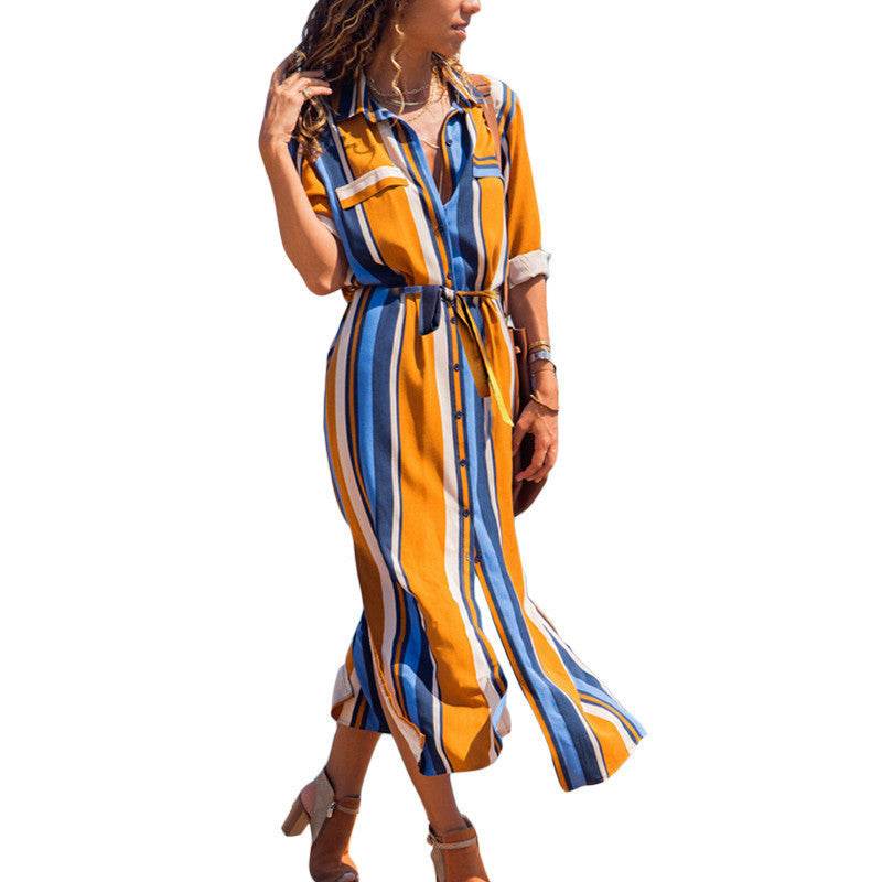 Robe longue à rayures en mousseline de soie à manches longues pour femmes, col en V, sexy, élégante et décontractée, printemps-été