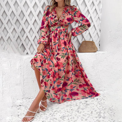 Robe longue imprimée florale à manches longues, décontractée pour les vacances, coupe ajustée, col en V, vêtements pour femmes