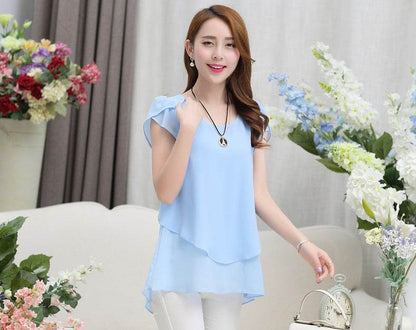 New Spring Summer Women Chiffon Loose Blouse  top O-Neck Short sleeve Plus size
