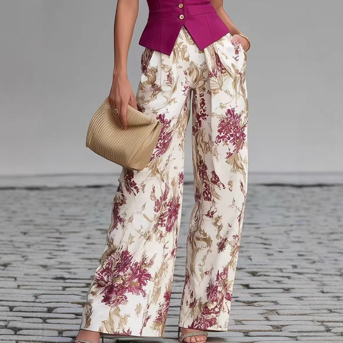 Elegant Buttoned Vest Top And Summer Slimming Wide-leg Pants Two-piece Set For Women
