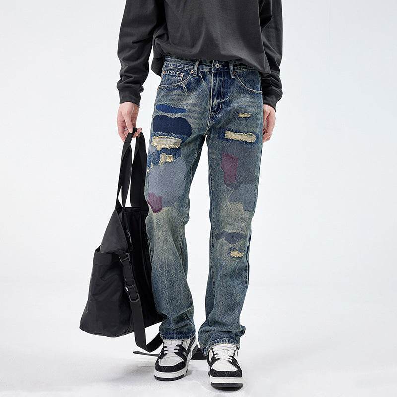 American Style Loose Broken Patch Straight Retro Denim Jeans pant Trousers Men
