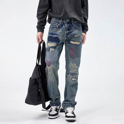 American Style Loose Broken Patch Straight Retro Denim Jeans pant Trousers Men