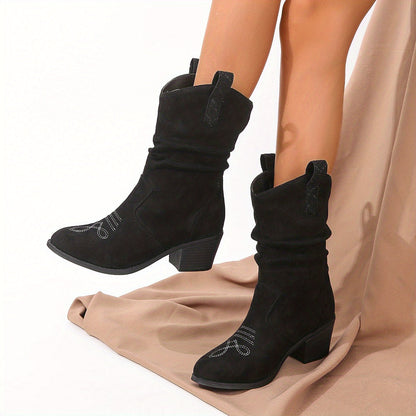 Bottes souples pour femme - Bottines rétro à talon bas - Bottes d'équitation confortables à enfiler avec talon épais pour tenue décontractée