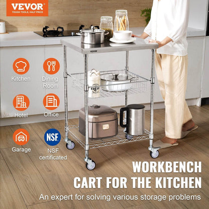 VEVOR 3-Tier Workbench Utility Cart for Kitchen Office