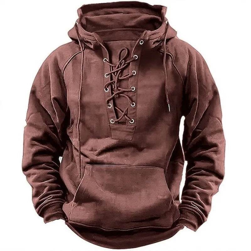 T-shirt à capuche rétro à lacets pour homme, manches longues, décontracté, style pull-over