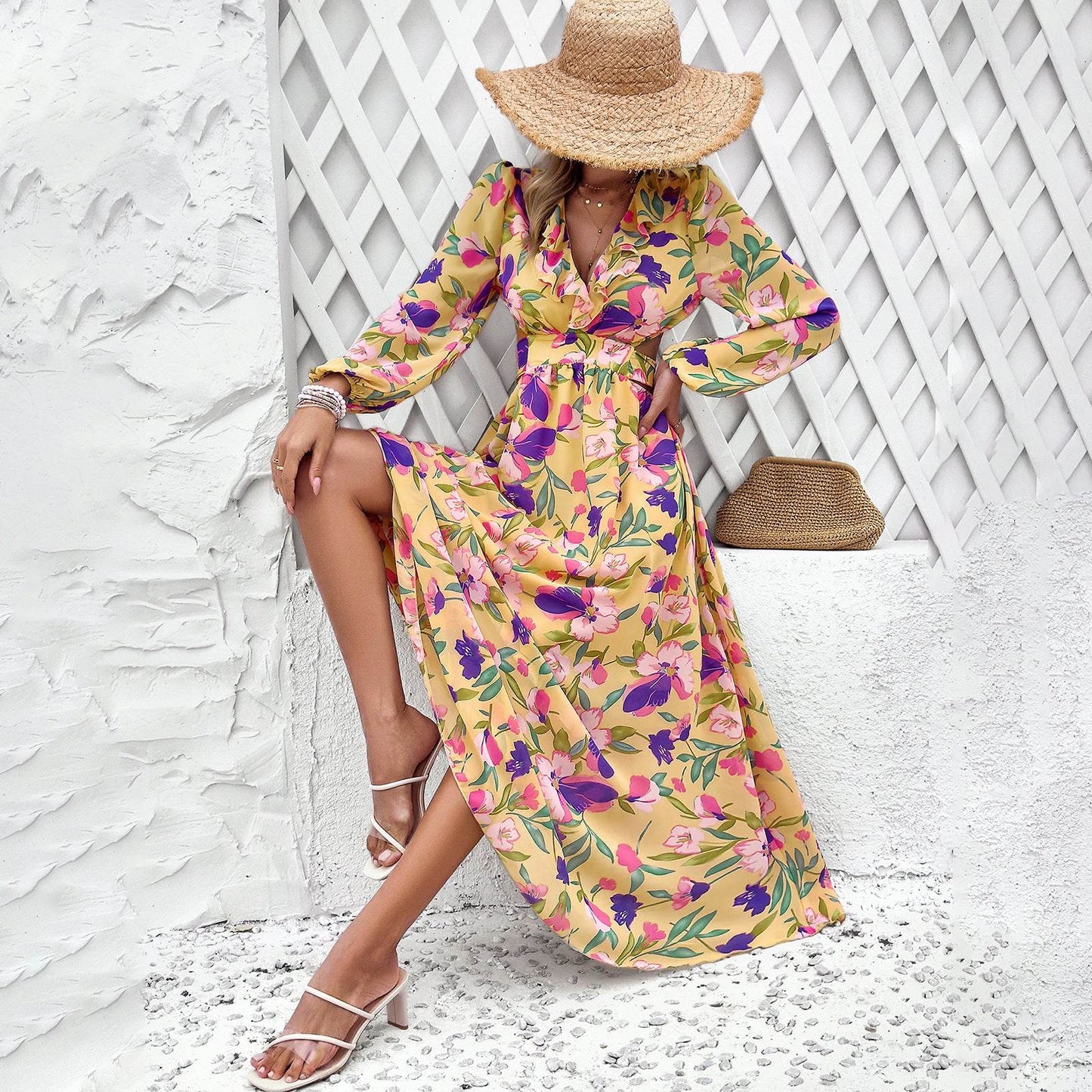 Robe longue imprimée florale à manches longues, décontractée pour les vacances, coupe ajustée, col en V, vêtements pour femmes