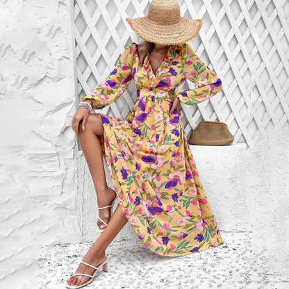 Robe longue imprimée florale à manches longues, décontractée pour les vacances, coupe ajustée, col en V, vêtements pour femmes