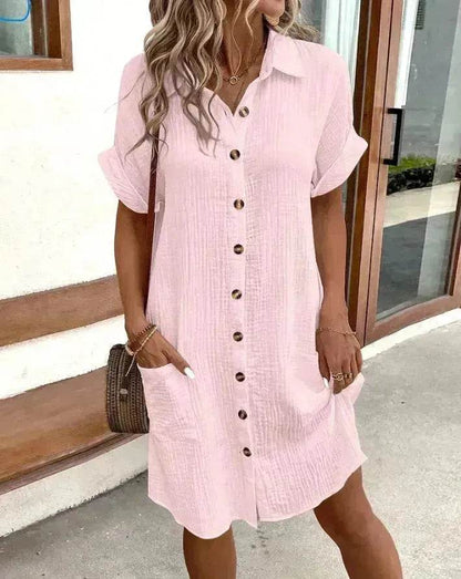 Womens Button Down Shirt Dress Summer Cotton Linen Dress V-Neck Mini Dress Casual Short Sleeve Loose Tunic Dresses