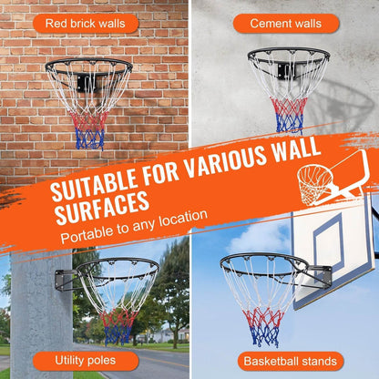 Cercle de basket-ball, panier de basket-ball mural/à accrocher à la porte, remplacement de but de basket-ball robuste Q235 avec filet et double ressort, panier standard de 45 cm pour intérieur et extérieur pour enfants et adultes