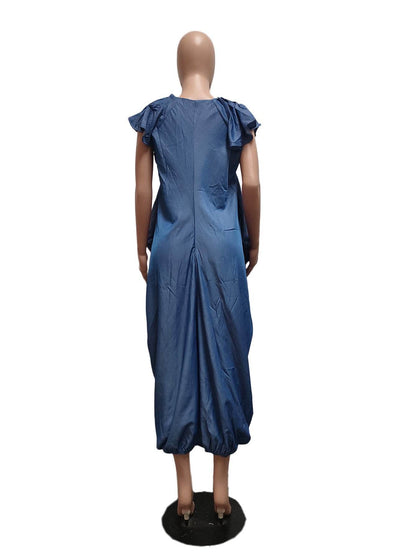 Fashion Faux Denim Large Pocket Loose Dress