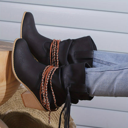 Womens Vintage-Inspired Chunky Heeled Cowboy Boots - Fashionable Tassel & Braided Band Detail, Slip-On Comfort, Soft Slouchy Texture - Retro Short Western Boots