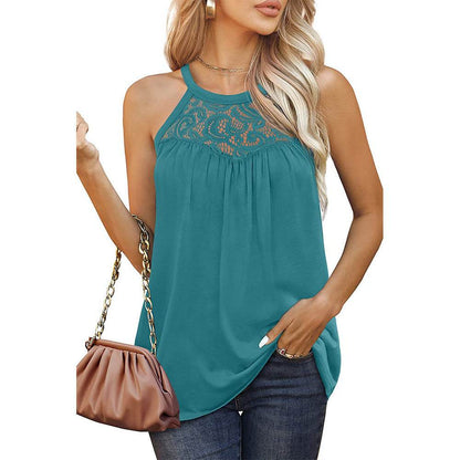 Elegant Women Casual Sleeveless Summer lace cotton Halter neck blouse top