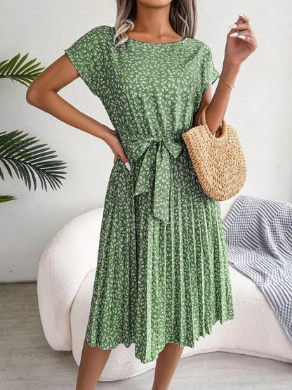 Casual Spring Summer Tie belt Pleated Floral Midi Dress