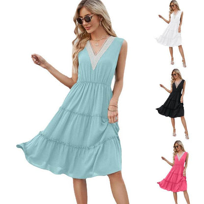 Robes Col V Femme Sans Manches Plissées Volants Élégante Robe Plage Été