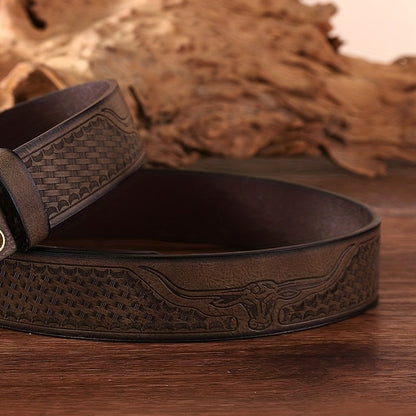 Ceinture Western Vintage pour Homme avec Détails Gaufrés et Boucle Unique - Similicuir Tendance, Bords Brodés, Style Décontracté