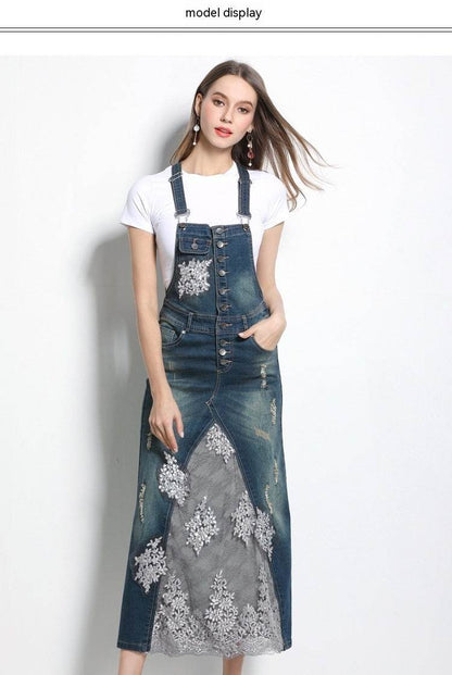 Embroidered Lace Denim Midi Jumper Dress European and American Style