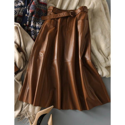 Fashion Retro All-match A- Line High Waist  Formal Office Work Midi Faux Leather Skirt