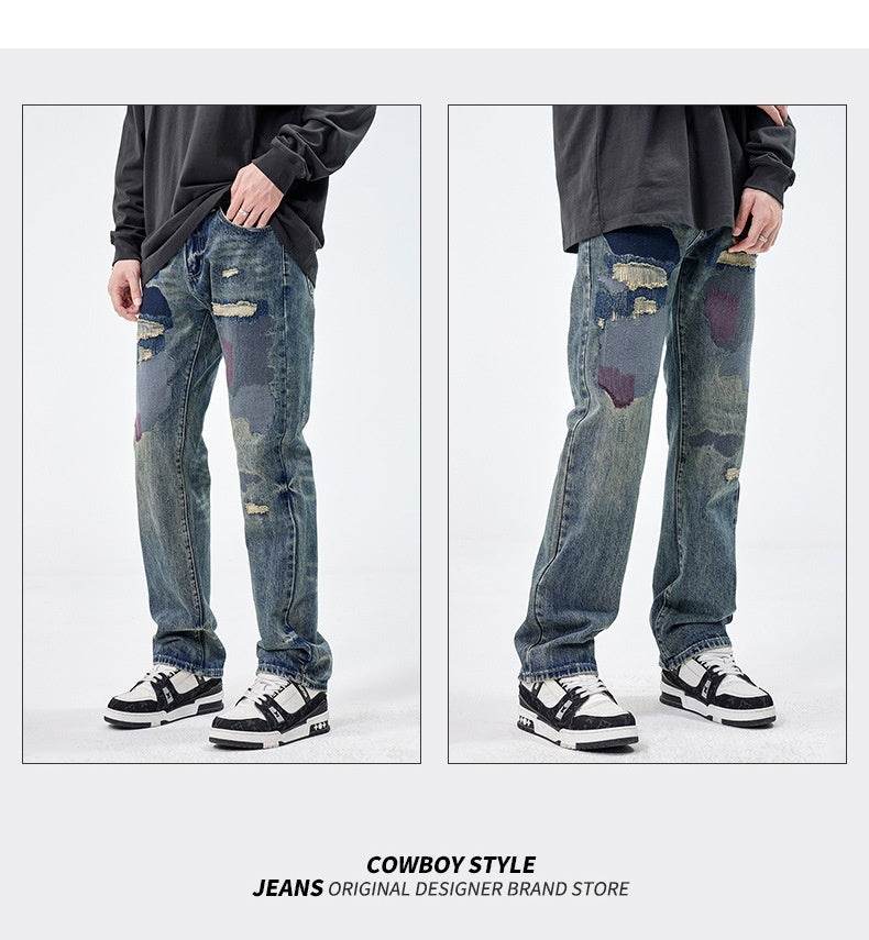 American Style Loose Broken Patch Straight Retro Denim Jeans pant Trousers Men