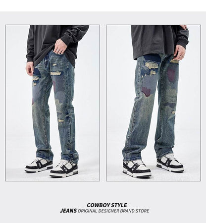 American Style Loose Broken Patch Straight Retro Denim Jeans pant Trousers Men
