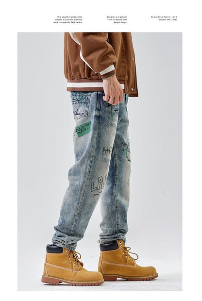 American Print Denim Casual jeans pant Loose Straight Dad Trousers For Men