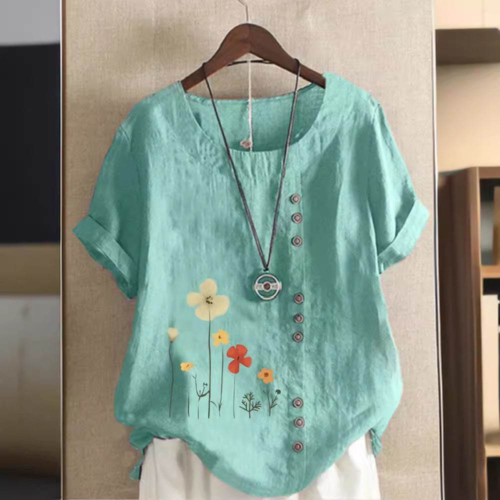 Casual Summer Beach Cotton And Linen Printed Elegant Short Sleeve blouse Top Women