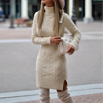 Robe pull col roulé tricoté épais coupe ajustée torsadée automne hiver