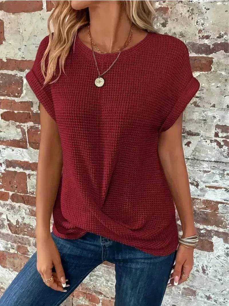 Chemise gaufrée décontractée d'été à manches courtes, Nouveau haut de soirée décontracté de couleur unie pour femme