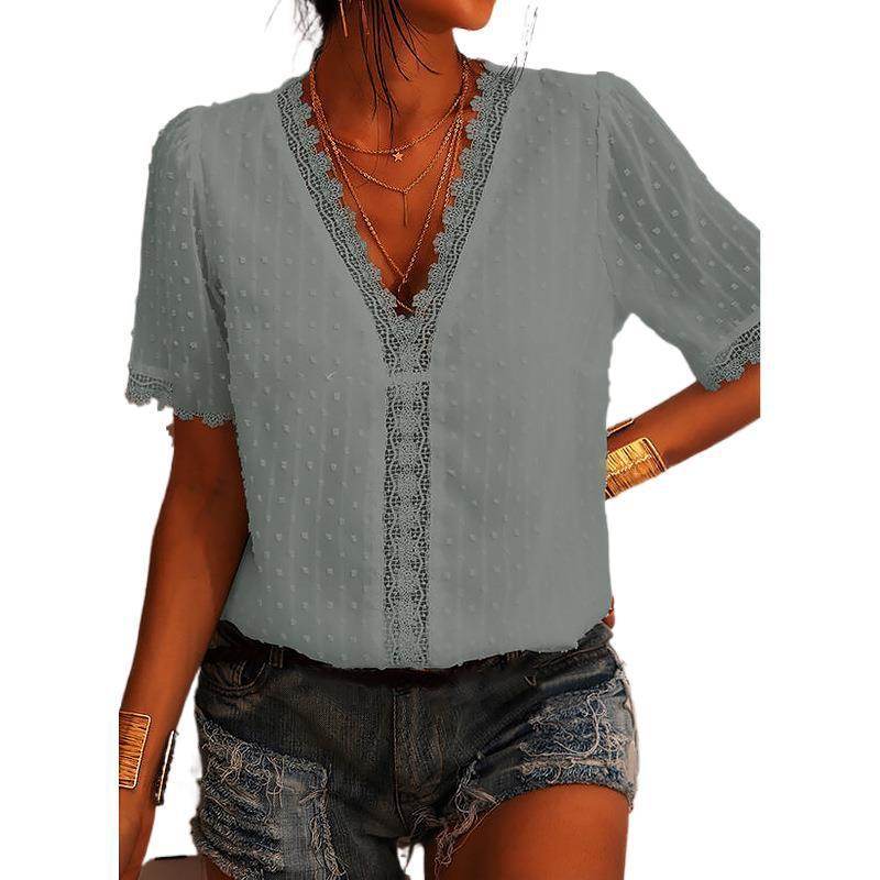 Women Chiffon blouse top  European And American spring summer Embroidered Lace Short-Sleeved Blouse Women