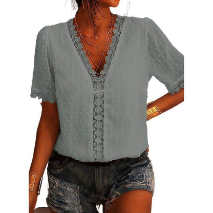 Women Chiffon blouse top  European And American spring summer Embroidered Lace Short-Sleeved Blouse Women