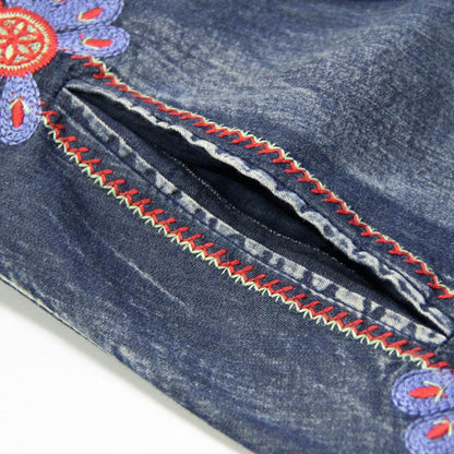 Elegant Classy Long Sleeve Denim dress with belt Flared Embroidered Jeans Dress
