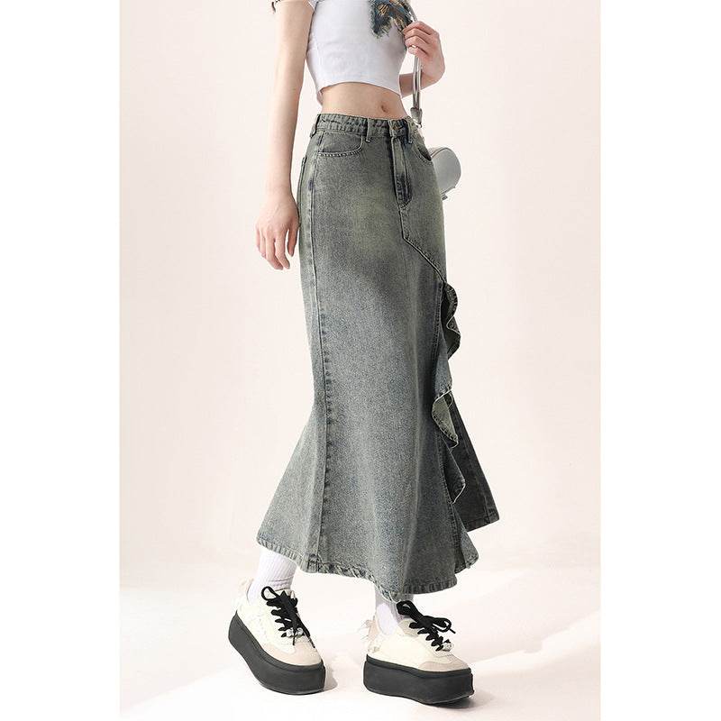 Irregular Half-length Split Denim long Skirt