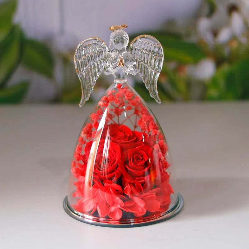 Boîte cadeau Fleur Éternelle Ange Sous Cloche Verre Rose Séchée Boîte Cadeau Pour Noël Nouvel An Saint Valentin Décoration Maison