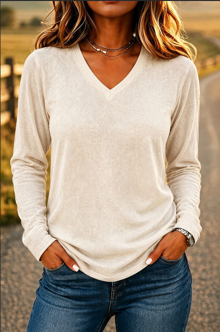 Women’s V-Neck Loose-Fit Long Sleeve T-Shirt – Solid Color Casual Pullover Top