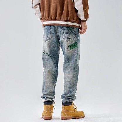 American Print Denim Casual jeans pant Loose Straight Dad Trousers For Men