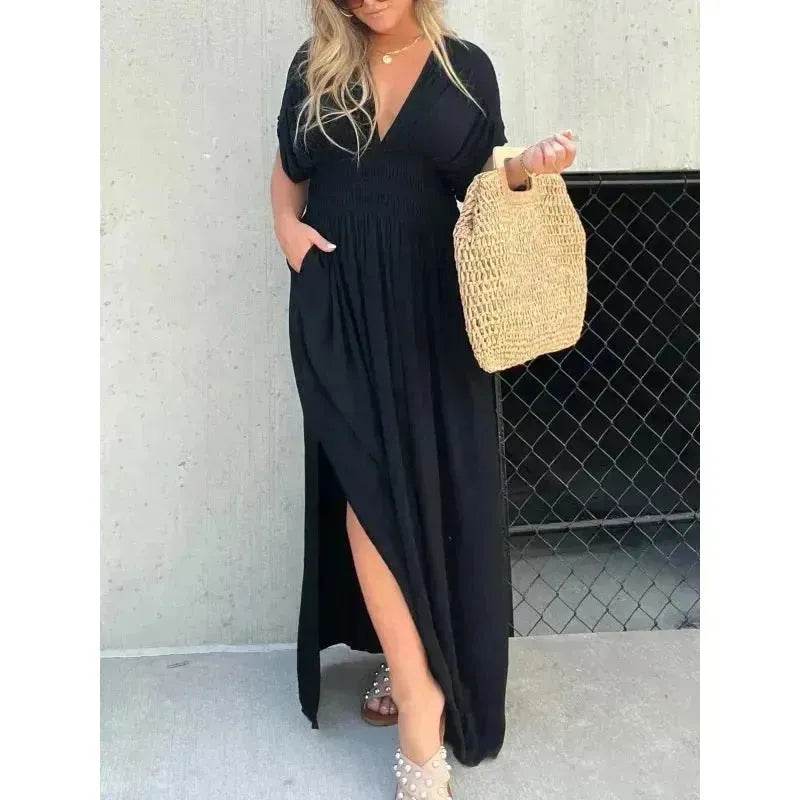 Robe longue fendue d'été à manches chauve-souris, col en V, taille élastique et manches courtes pour femme