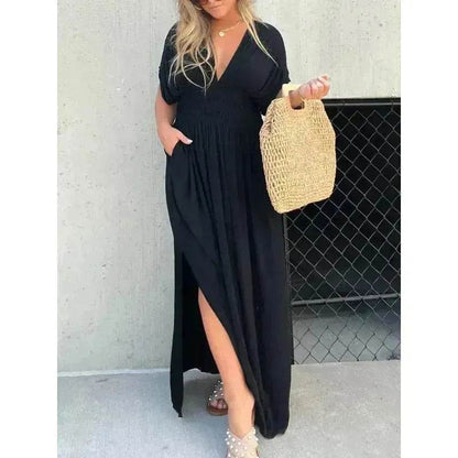 Robe longue fendue d'été à manches chauve-souris, col en V, taille élastique et manches courtes pour femme