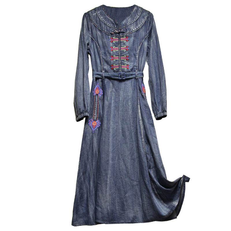 Elegant Classy Long Sleeve Denim dress with belt Flared Embroidered Jeans Dress