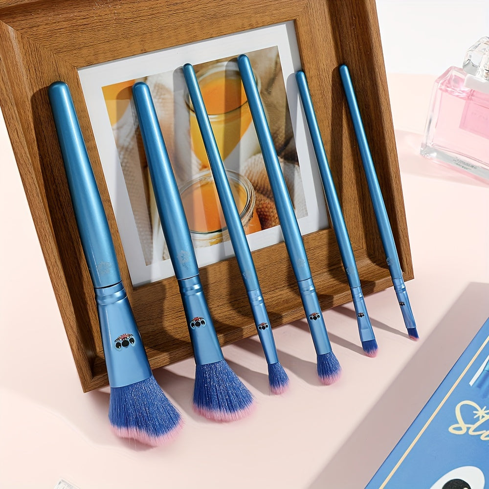 Disney Stitch 6-Piece Makeup Brush Set - Kawaii Wooden Handle, Polyester Bristles for Powder, Eye Shadow, Foundation, Blush, and Blending - Unscented Wand Beauty Brushes for Normal Skin with Gift Box