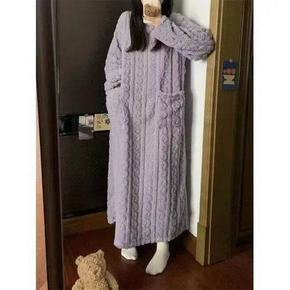 Robe de nuit longue en polaire corail pour femme, pyjama avec poches, robe jacquard épaissie, vêtements de maison chauds