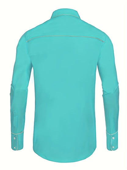 Western Cowboy Chic Long Sleeve Embroidered Shirt - Soft Cotton Blend, Elegant Design, Casual Style for Spring Fall Vacation Resort Wear - Men's Shirt for Outdoor Activities, Travel, and Leisure